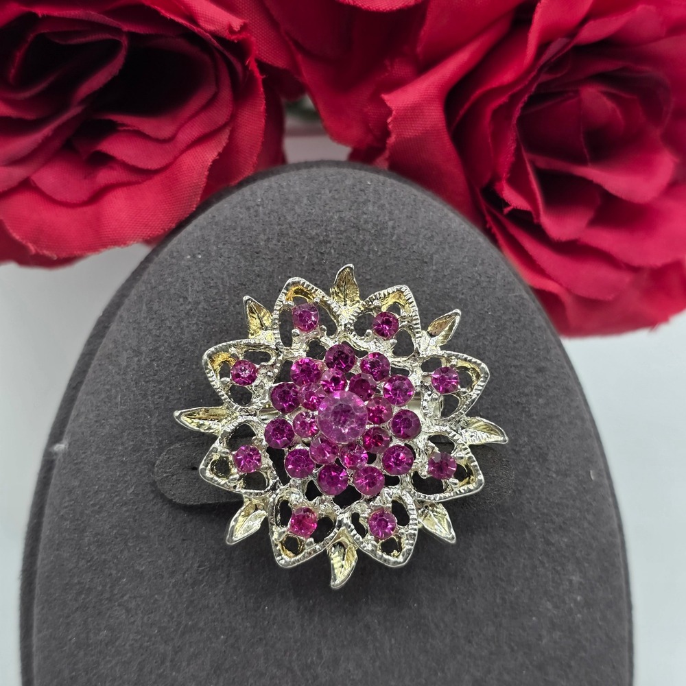Vintage‎ Silver Tone Fuchsia Pink Rhinestone Sunburst Floral Filigree Brooch Pin